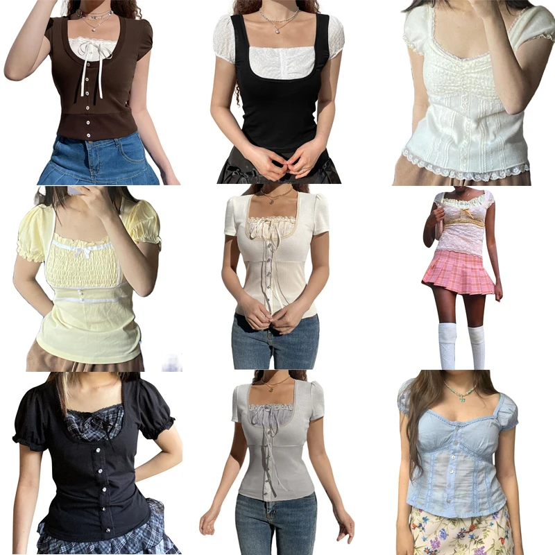 Женский короткий топ с кружевной отделкой Милый Летний пуловер в стиле ретро