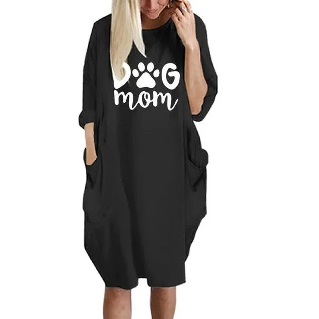

Women Dresses VOGUE Letters Print DOG MOM Pocket Long Sleeve Fall Thin Vestidos Plus Size Midi Woman Club Party Tshirt Dresses