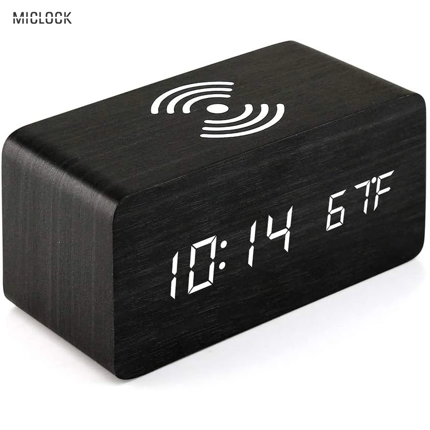

MICLOCK Wooden Alarm Clock with Qi Wireless Charging Pad Compatible LED Digital Clock Temperature Display For iPhone Samsung