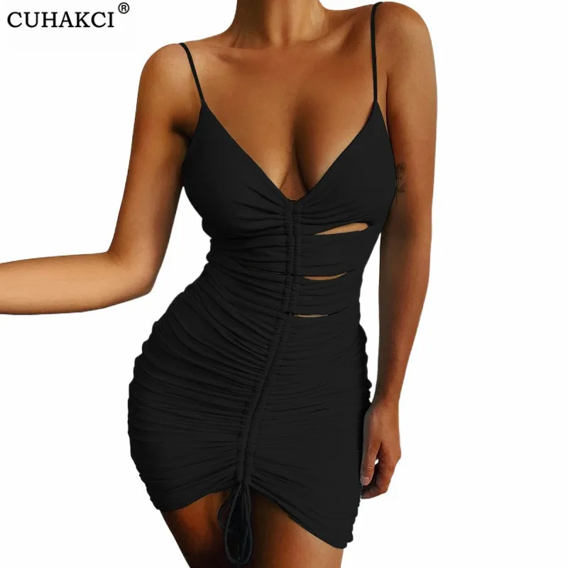 

CUHAKCI Draw String Dress Sexy Spaghetti Strap Deep V Neck Mini Tight Clubwear Female Summer Night Date Hollow Out Bodycon Woman