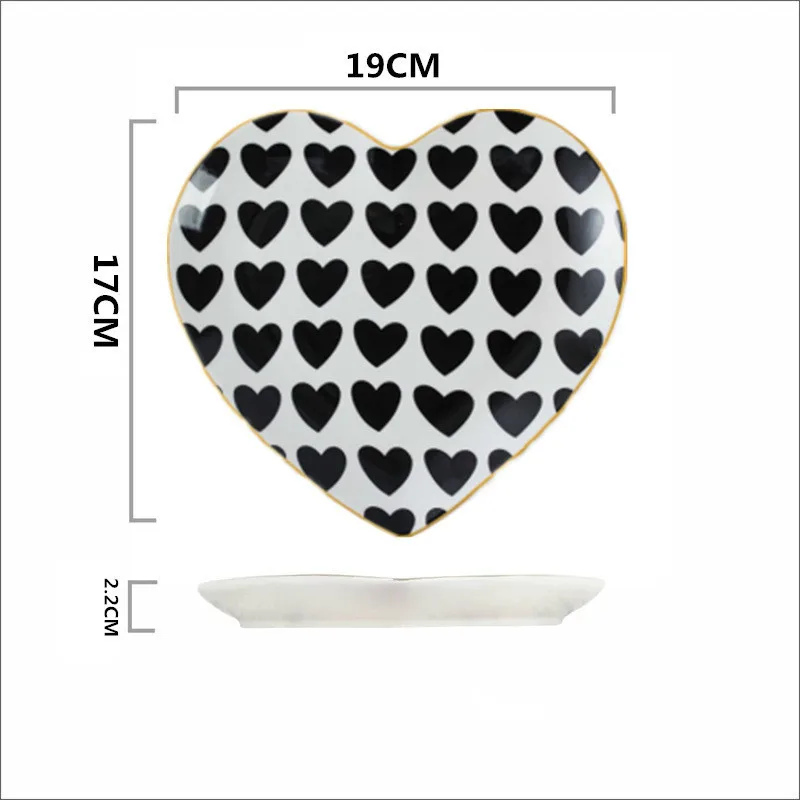 

Creative Heart Shape Plate Black White Gold Stitching Matte Texture Novelty Ceramic Plate Unique Dinner Set Dish Dessert Plate