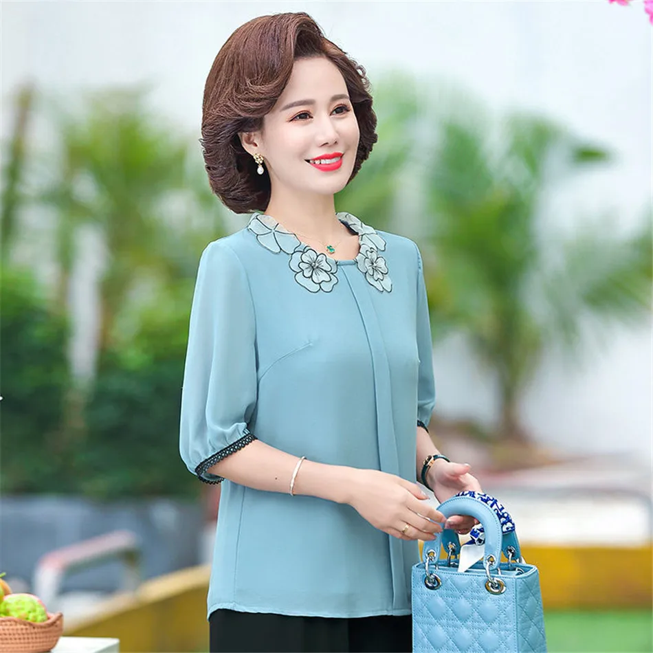 Блузка женская шифоновая с вышивкой элегантная повседневная Однотонная рубашка