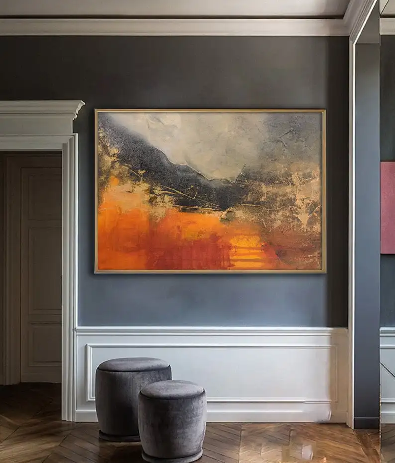 Оранжевая и черная большая картина, абстрактное искусство, очень большая картина, Картина на холсте, картина, настенное искусство, Настенна...