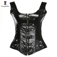 strap steampunk rock solid black faux leather buckle up corset bustier top sexy women with zipper plus size