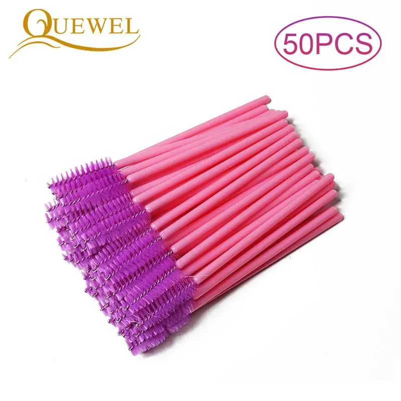 50PCS purple-pink Quewel наращивание ресниц одноразовые щеточки с тушью для ресниц палочка аппликатор ресницы Косметическая щетка для основы кисти для макияжа инструменты - Handle Color: 50PCS purple-pink