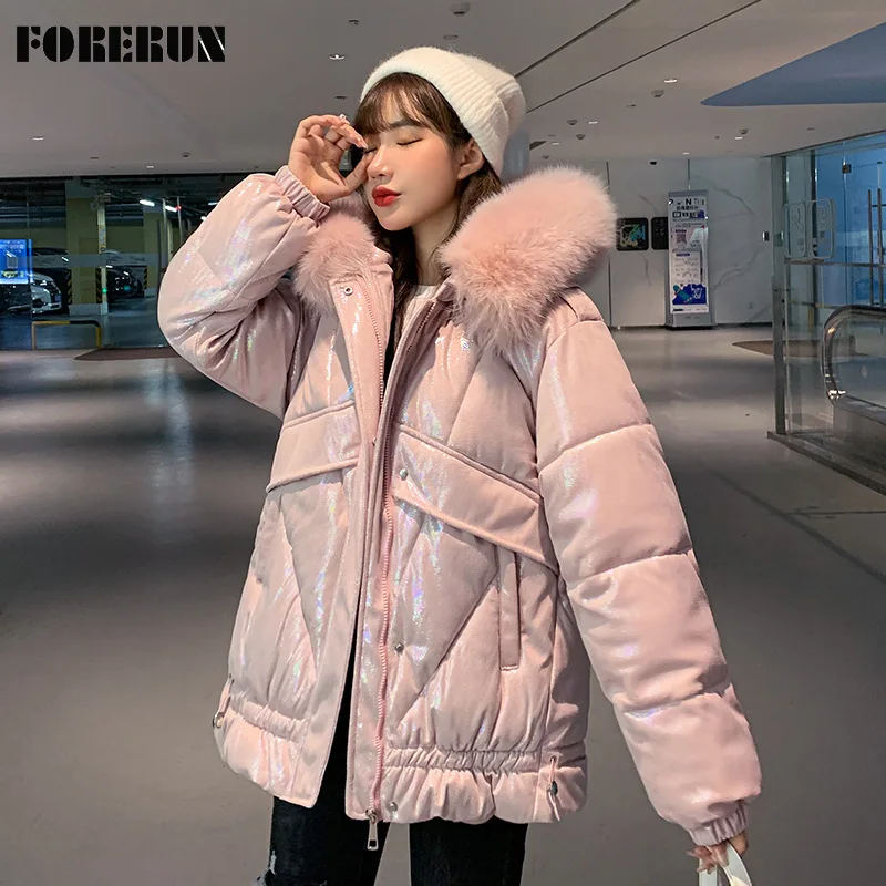 

FORERUN/женская зимняя куртка-пуховик с меховым воротником и капюшоном на молнии, парка с хлопковой подкладкой, модное утепленное теплое пальт...