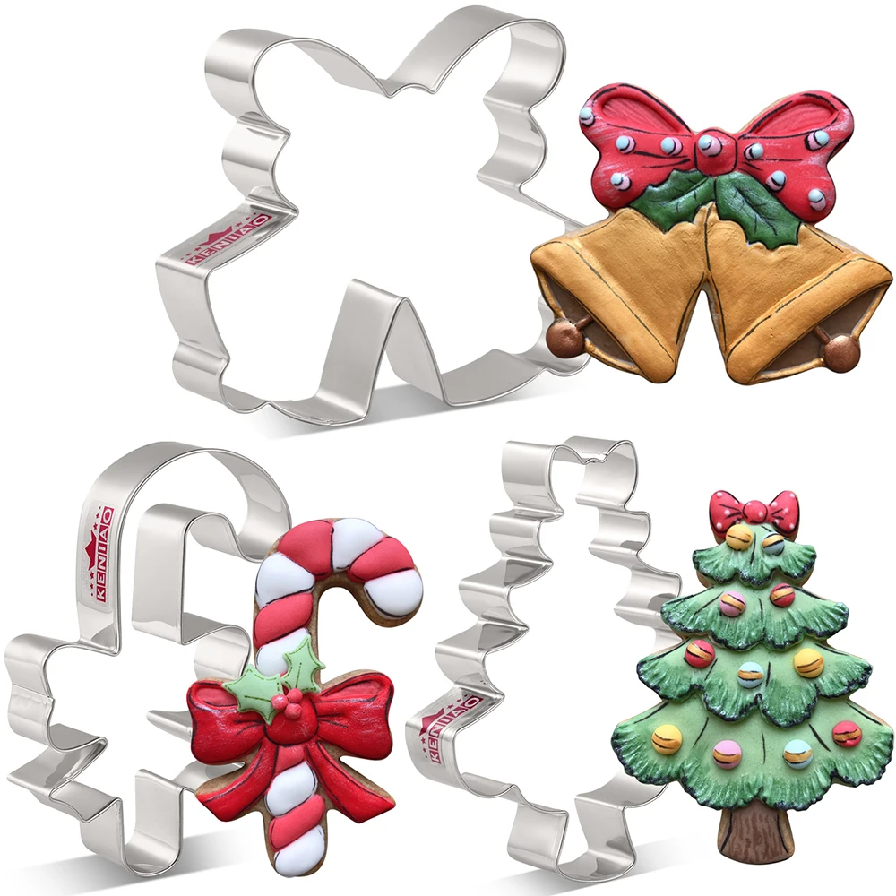 KENIAO Christmas Cookie Cutter - 3 PC - Double Bell, Candy Cane, Tree Biscuit Fondant Bread Molds - Stainless Steel - by Janka