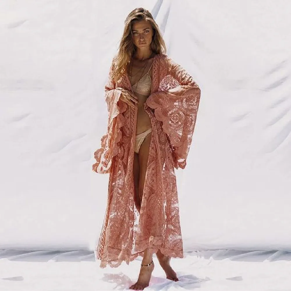 Роскошное парео пляжное саронг розовое Прозрачное кимоно с вышивкой топ бохо