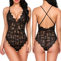 fashion women sex lace mesh solid v neck bodysuits erotic monokini one piece see through push up padded sexy lingerie
