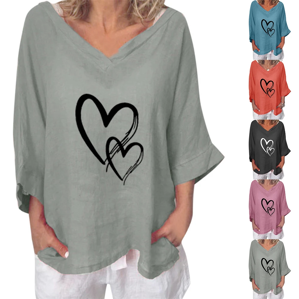 

Женские летние свободные топы с v-образным вырезом и принтом Love, пуловер с рукавом 3/4, повседневная женская Свободная верхняя одежда, топы, од...