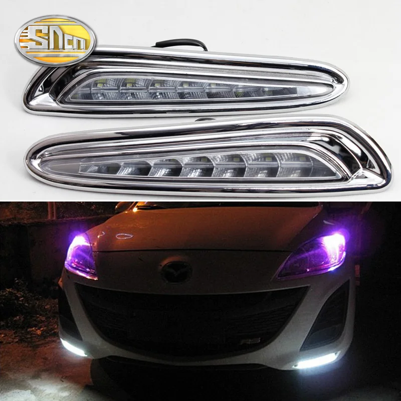 

SNCN 2PCS LED Daytime Running Light For Mazda 3 2011 2012 2013 Yellow Signal Functions Chromed ABS 12V Car LED DRL Daylight