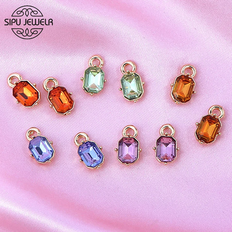 

10 Colorful Crystal Square Charms 14*9mm Gold Color Metal Rectangle Beads Pendant Wholesale For DIY Necklace Handmade Supplies