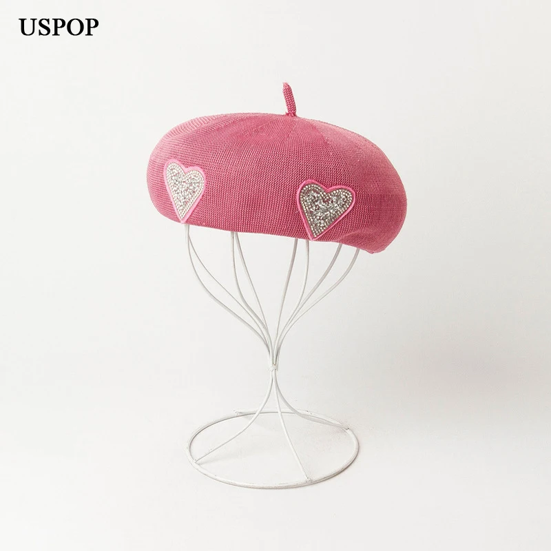USPOP Summer hats Women beret Beret Knit Breathable Adjustable Drawstring Heart-shape Diamond Berets
