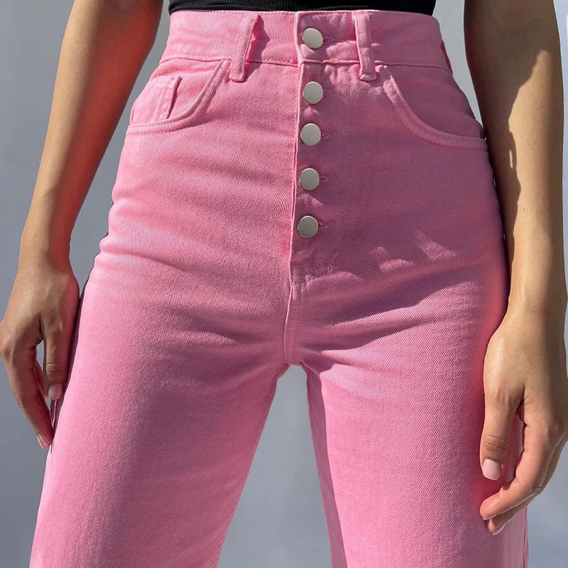 

2021 Women Wide Leg Jeans Hole Pocket Button Summer High Waist Full Length Pantalones Denim Straight Trouser For Girl