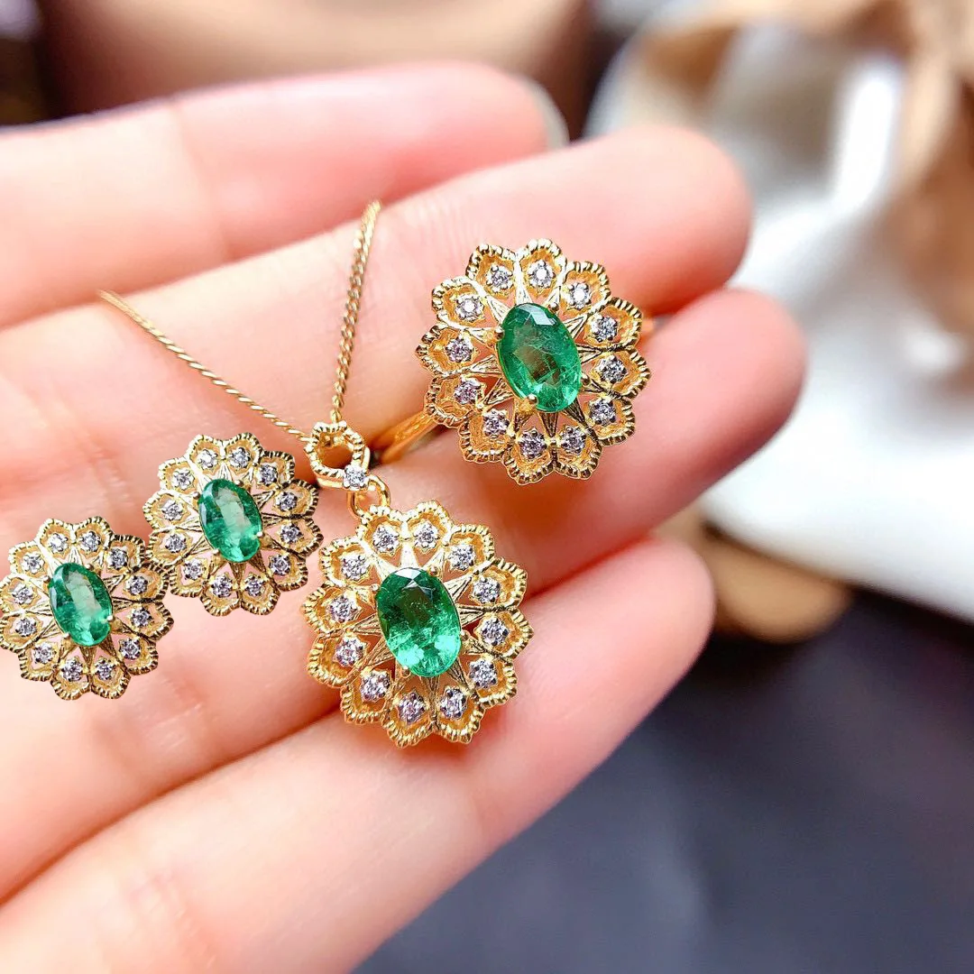 

GW Emeraldine Jewelry Sets Women's Earrings Ring Pendant Ethnic Vintage Rhinestone Earrings Fashion Shine Multicolor Brincos