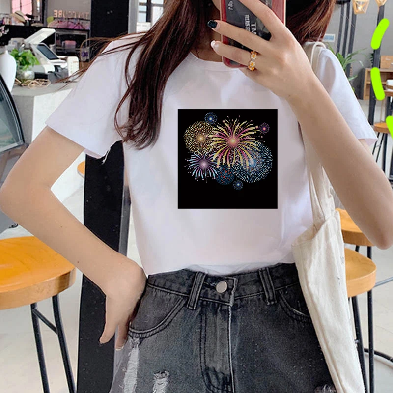 

Fashion Fireworks Tshirt White Tops Female Clothing Tumblr Oversized T-Shirt Top Summer Graphic Casual T Shirt 2021 Fashion Tee