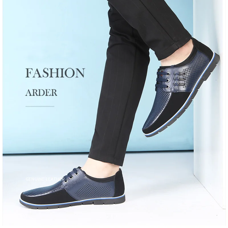 Горячая Мужская обувь кожи Дышащая с перфорацией для увеличения Спортивная