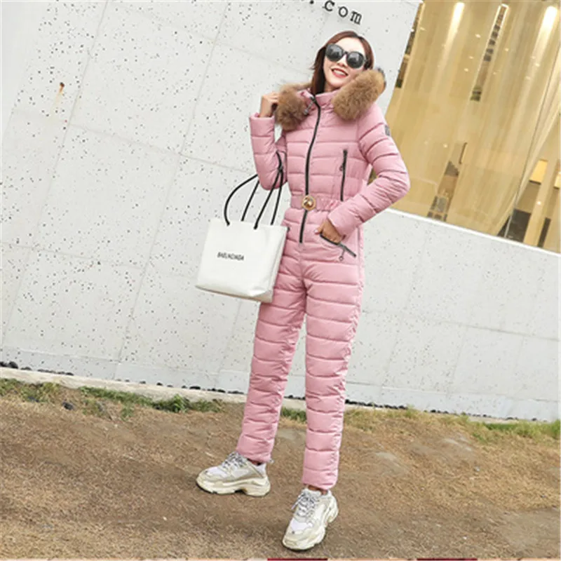 pink Пуховое пальто костюм женский сиамский Толстая зимняя парка Модные Женские приталенные комбинезоны хлопок теплая зимняя куртка с поясом G1119 - Цвет: pink
