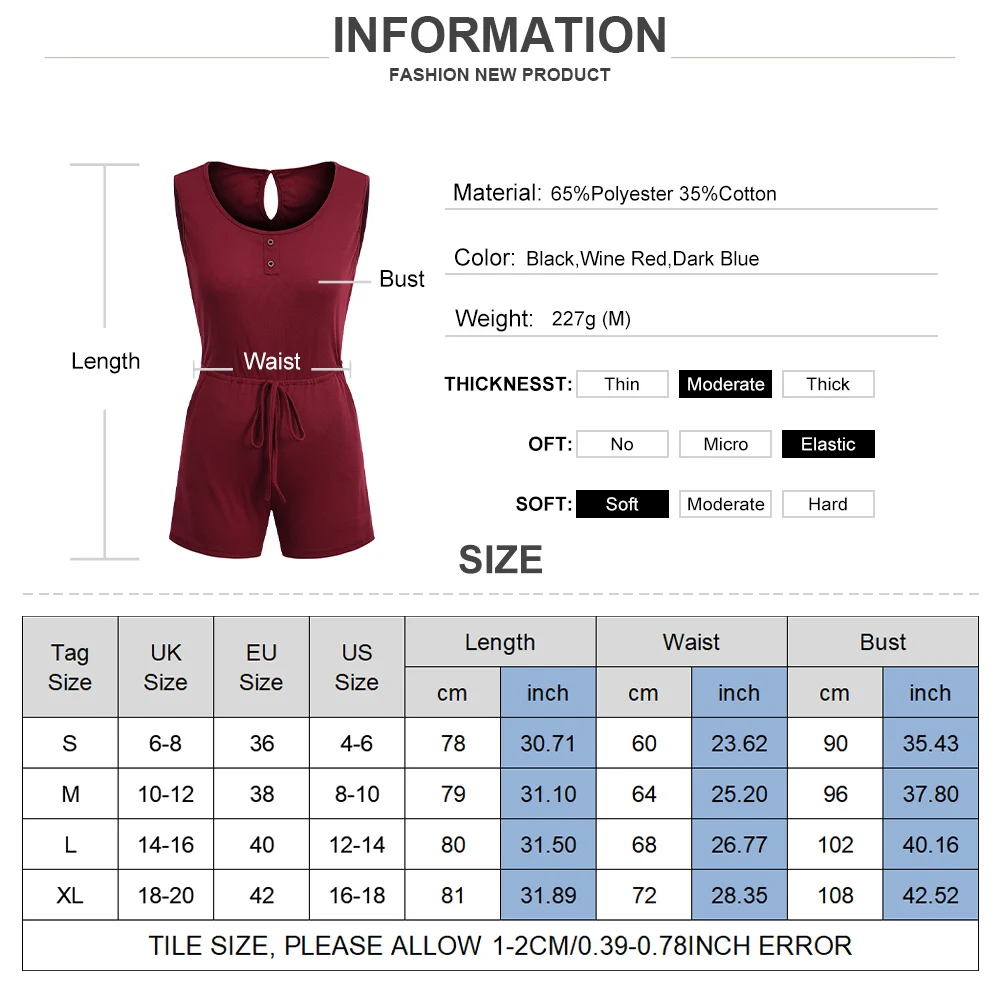 

Button Women Jumpsuit Romper Sleeveless Summer Ladies Bodysuit With Pocket Round Neck Black Red Blue Female Jumpsuit D30