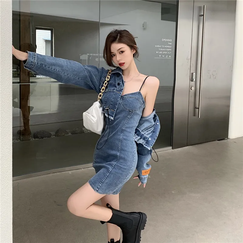 

Spring Summer New Denim Skirt Fashion Suit Lapel Long-Sleeved Short Jacket + Slim Suspender Dress Casual Two-Piece Female 110