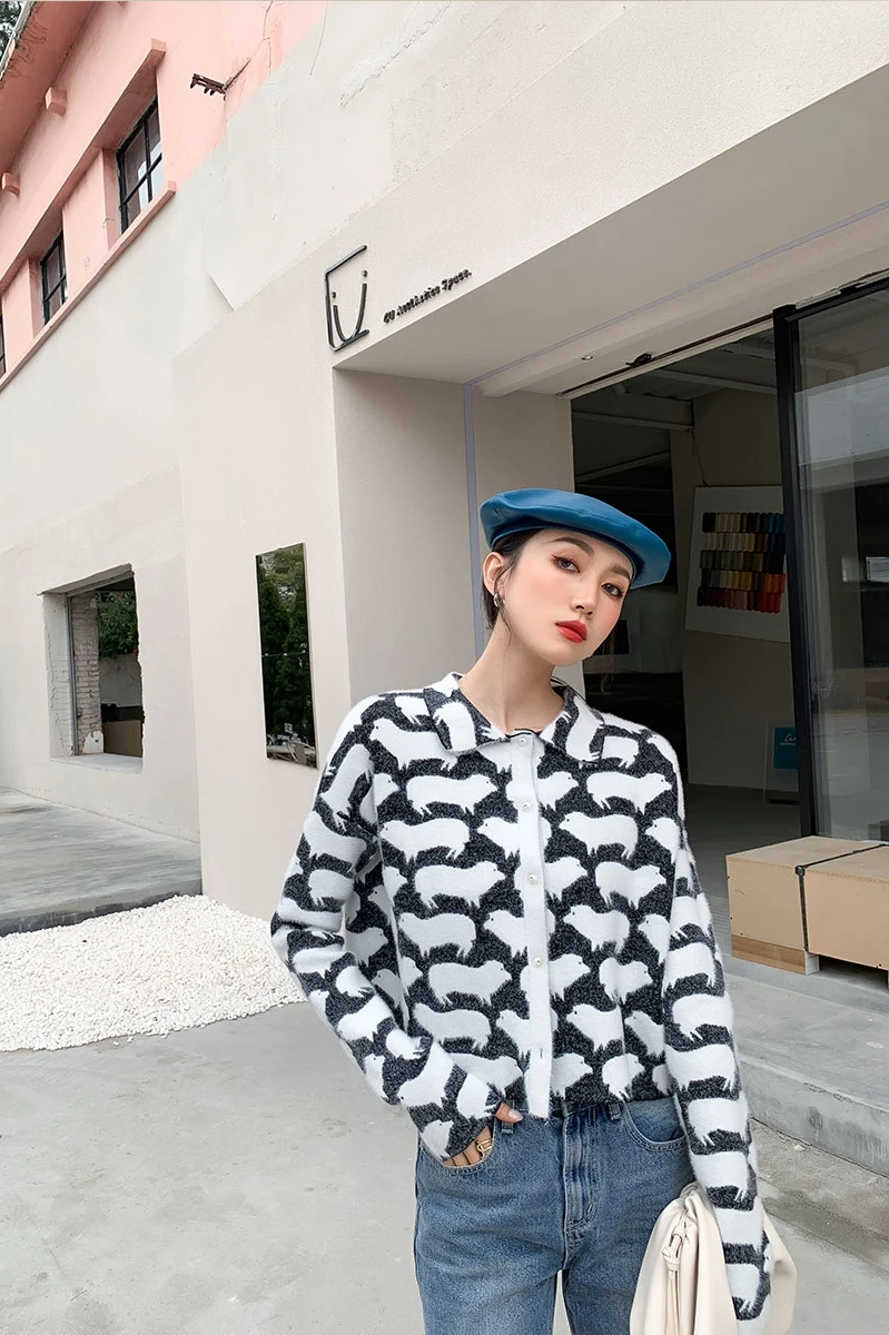 

CHEERART Animal Print Sweater Cardigan Women Button Up Furry Knitted Cardigan Cute Jacket Kawaii Sweater Winter Fashion