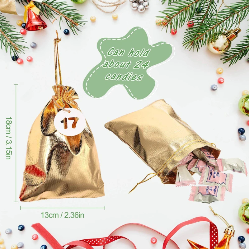 

24pcs/set 18x13cm Adjustable Christmas Packaging Silver/ Gold Colors Drawstring Cloth Bag,Wedding Gift Bags & Pouches