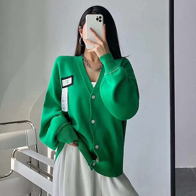 lady Girl American Loose V-neck Knit Cardigan Letter Label Long Sleeve Sweater Tops Women Autumn Winter Casual Loose G8TZ
