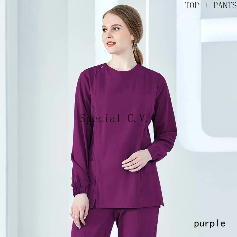 

Women Scrub Set Long Sleeve Medical Clothing Zipper Opening Short Coat Big Pockets Nurse Uniforms Round Collar Doctor Workwear