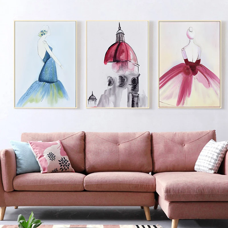 Акварельный рисунок современная девушка и замок постер Картина на холсте