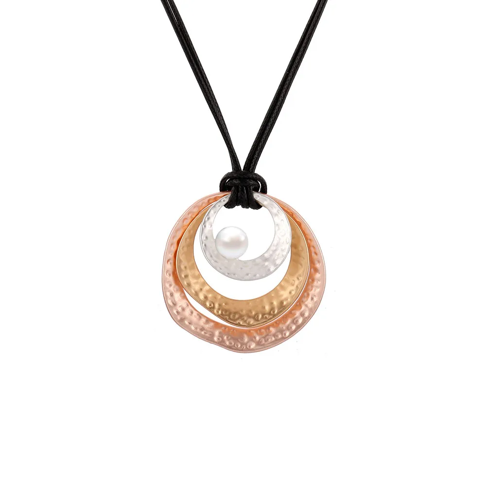 

Mix Color Round Pendant Necklace Jewelry Accessories For Women Ethnic Black Leather Chain Long Necklace Sweater Chain 2020