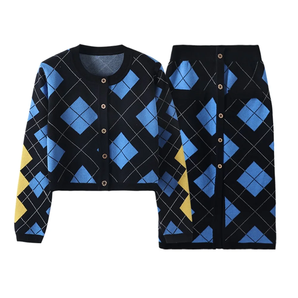 

Женский трикотажный костюм в контрастную клетку с бриллиантами, Топ с длинным рукавом и круглым вырезом, облегающая юбка-карандаш, комплект...