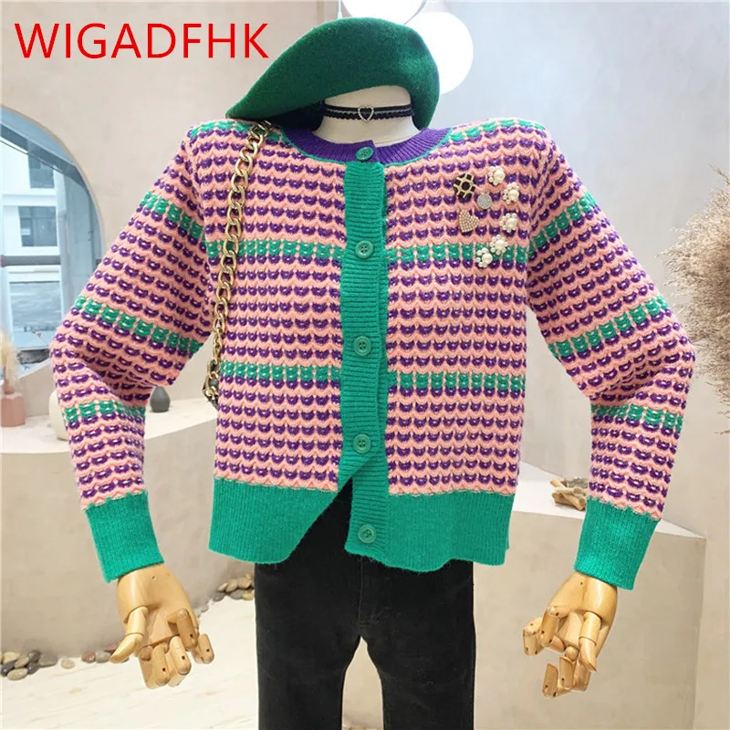 

2022 Winter New Women's Korean Fashion O-neck Single-breasted Sweater Ladies Elegant Contrast Color Knitted Cardigan Top