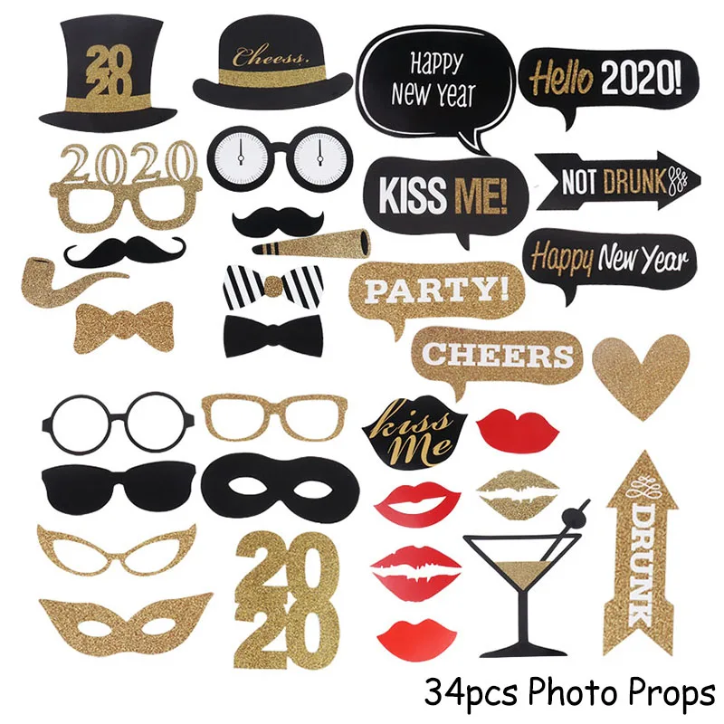 34pcs Photo Props Рождественские украшения для дома счастливый год вечерние украшения черный баннер для фотокабинки рамка реквизит Navidad Nordica - Цвет: 34pcs Photo Props