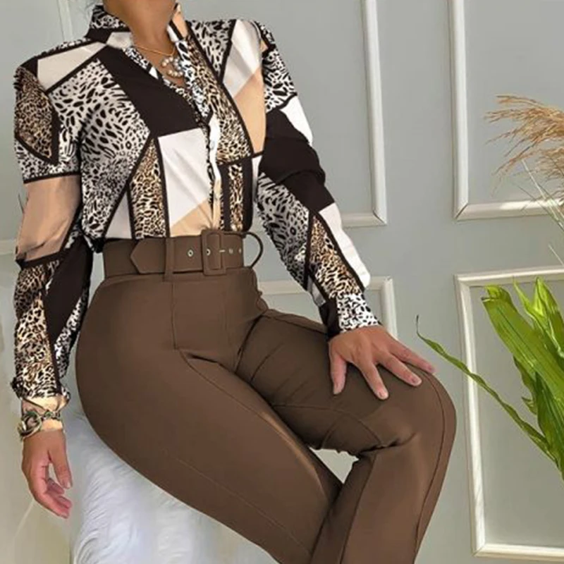 

2022 Fashion Office Lady Blouse Tops Vintage Leopard Block Printed Women Shirt Spring Autumn Long Sleeve Shirts Blusa Streetwear