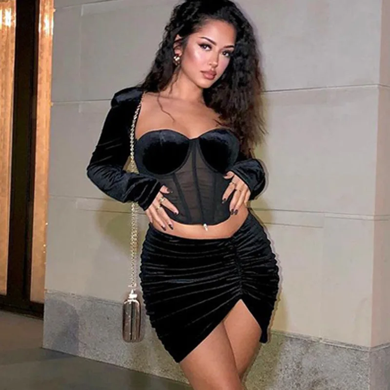 

Осенний бархатный сетчатый прозрачный комплект Adogirl из двух предметов, Женский Топ с длинным рукавом и мини-юбка-рубашка, Сексуальная Клубн...