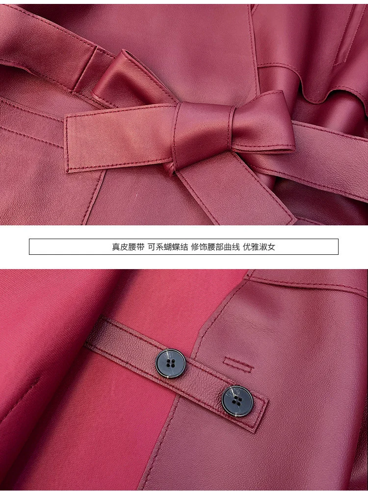 Женское кожаное пальто с поясом и V-образным вырезом | Женская одежда