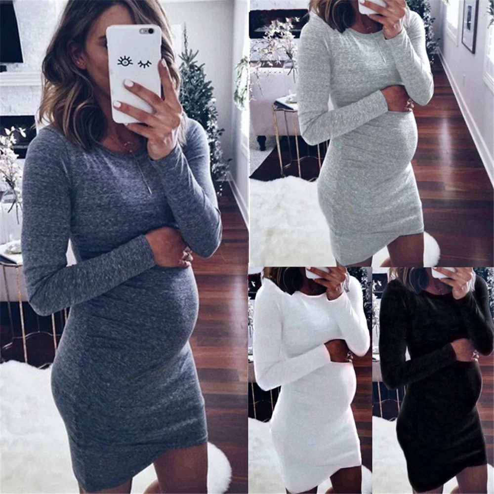 

2021 pregnant women new arrivals in Europe and the United States solid color round neck and long sleeve maternity skirt dress