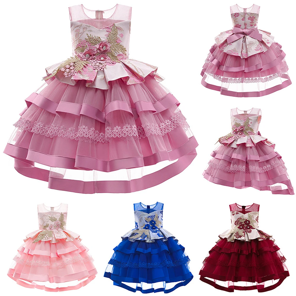 

Детское летнее платье принцессы, юбка без рукавов в несколько рядов с цветочной вышивкой и круглым вырезом и бантом сзади для девочек, прибл...