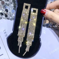 fyuan shiny full rhinestone drop earrings for women square long tassel crystal dangle earring weddings fashion jewelry gifts