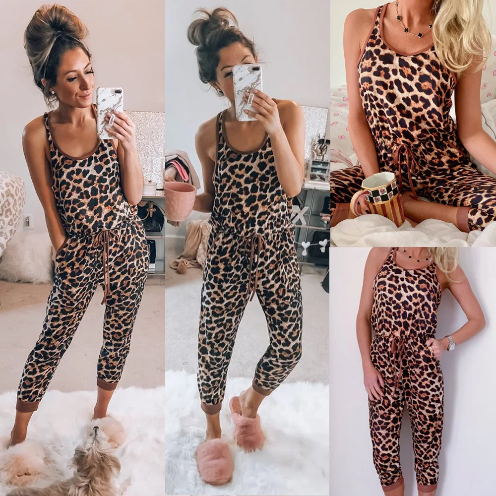 Женский комбинезон без рукавов KALENMOS повседневный Облегающий с леопардовым