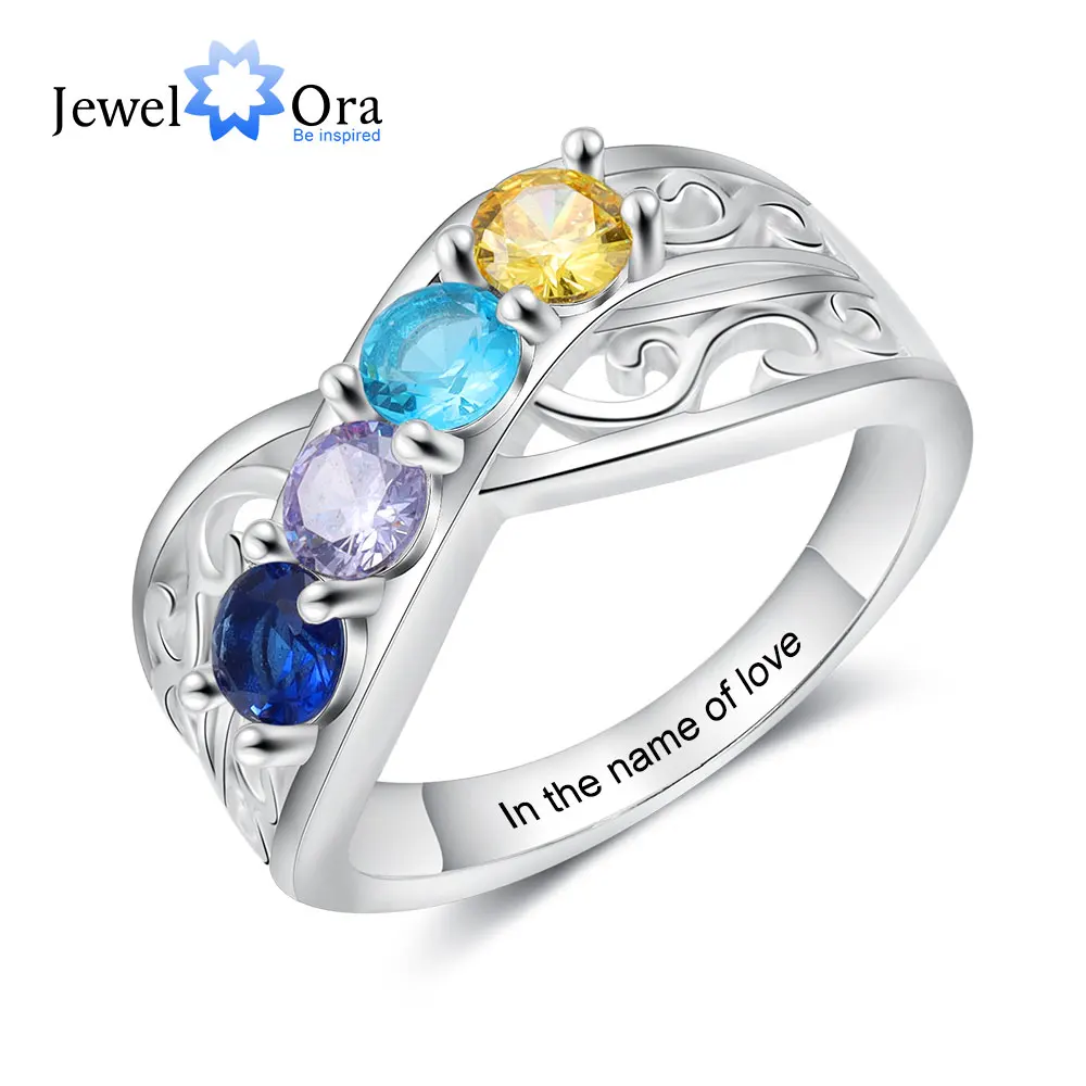 JewelOra Personalized Mothers Ring with 3-5 Round Birthstones Customized Engraving Floral Rings for Women Gifts for Family