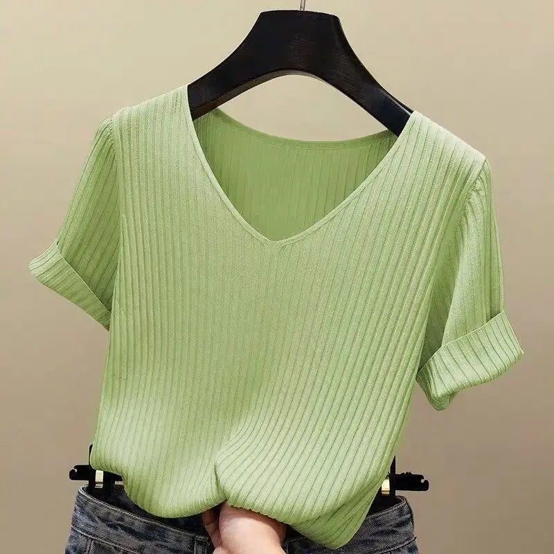 

2021 Women Spring Summer Loose V-neck Orange White Knitted Pullover Korean Fashion Casual Short Sleeve Femme Chic Tops