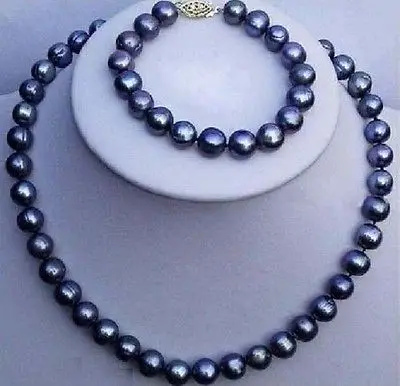 

7-8mm natural tahitian black pearl necklace bracelet set 14K gold