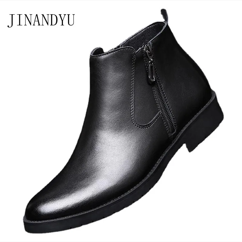 

Ботильоны мужские из натуральной кожи, ботинки на молнии сбоку, Классические классические, теплая шерстяная обувь, большие размеры, Осень-з...