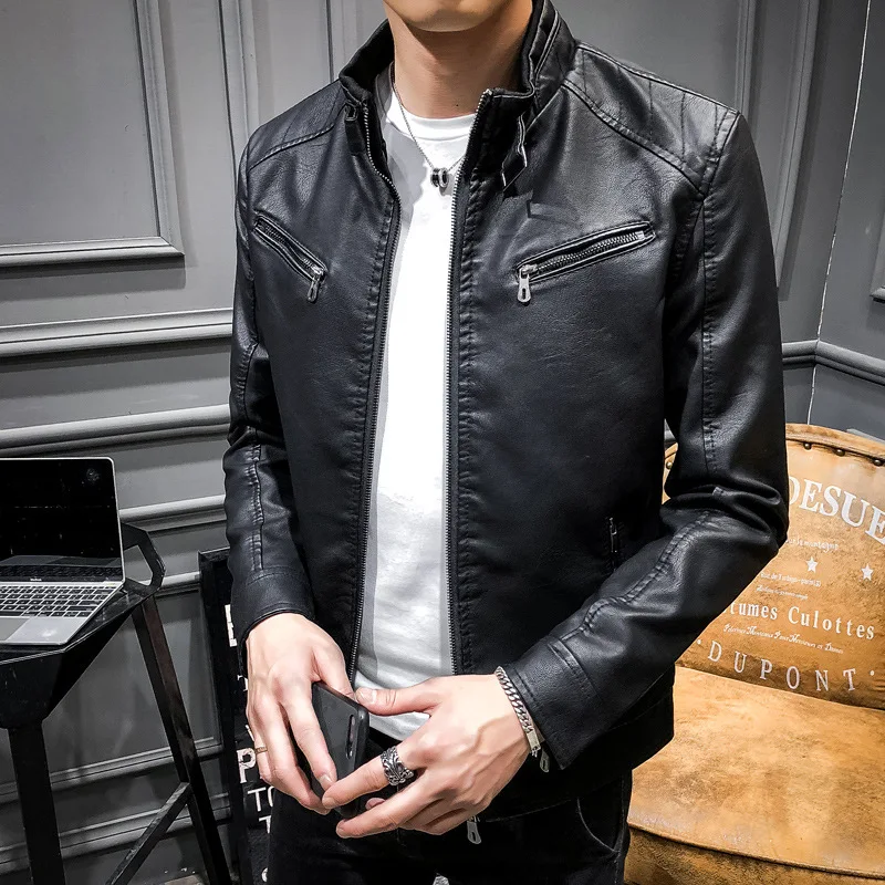 

2021 New Fashion Stand Collar Pu Leather Jacket Men