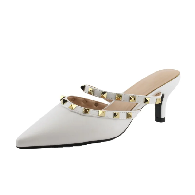 

Women's Slippers For Outer Wear 2021 New High-heeled Rivet Pointed Stiletto Fashionable Baotou Shoes Summer Slippers