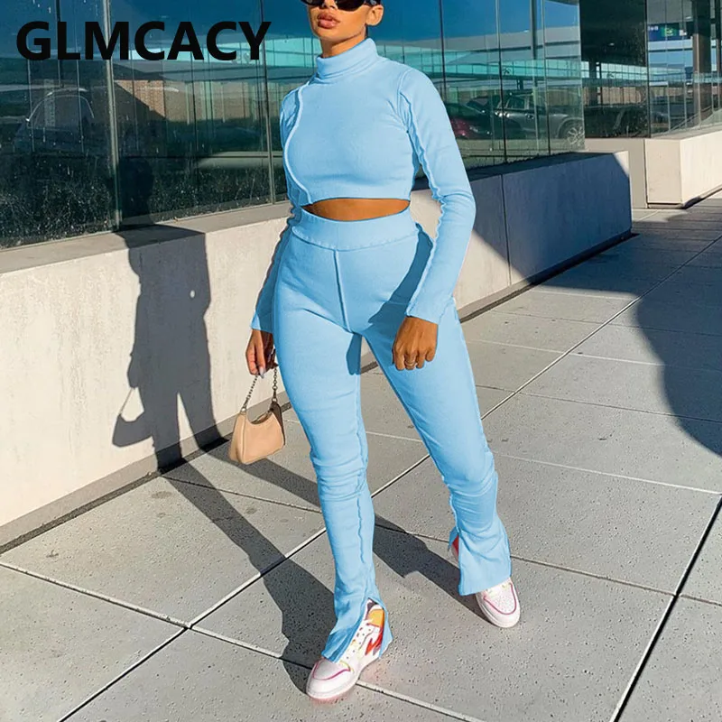 

Women Two Piece Casual Suits Turtleneck Crop Top & Skinny Pants Set Chic Streetwear Outfits