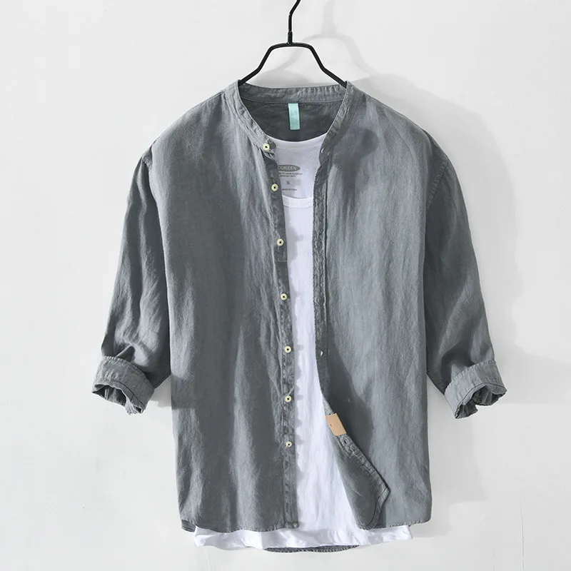 

Z802 Spring Men Casual Shirt Japan Style Fresh Multi-Color Fluorescent Stand-Up Collar Linen Three-Quarter Sleeves Cardigan Top