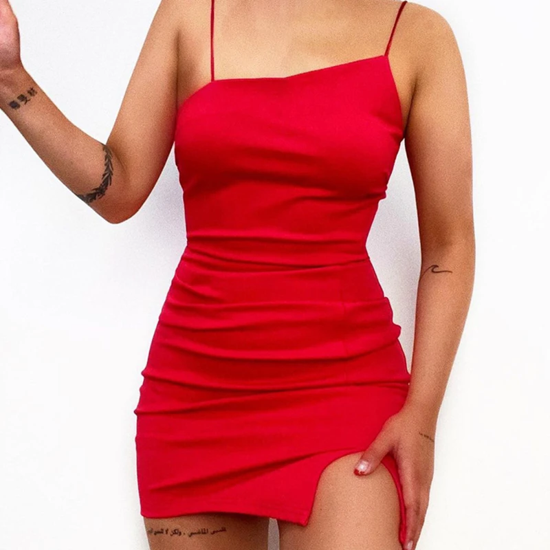 

Women Elegant Dresses Slit Solid Color Sexy Bodycon Spaghetti Strap Dress Summer Backless Party Club Ladies Fashion Mini Dress