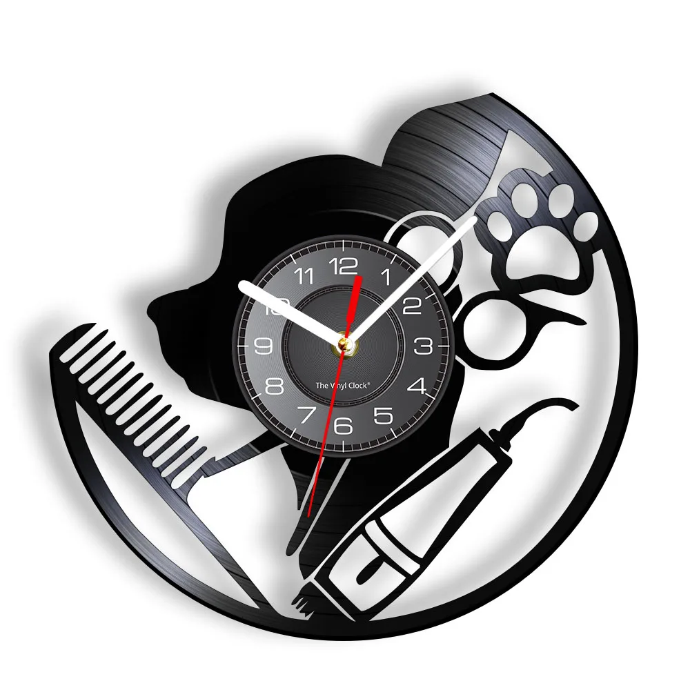 

Pet Groomer Sign Vinyl Record Wall Clock Animal Care Barber Salon Business Display Artwork Dog Grooming Music Album Wall Clock